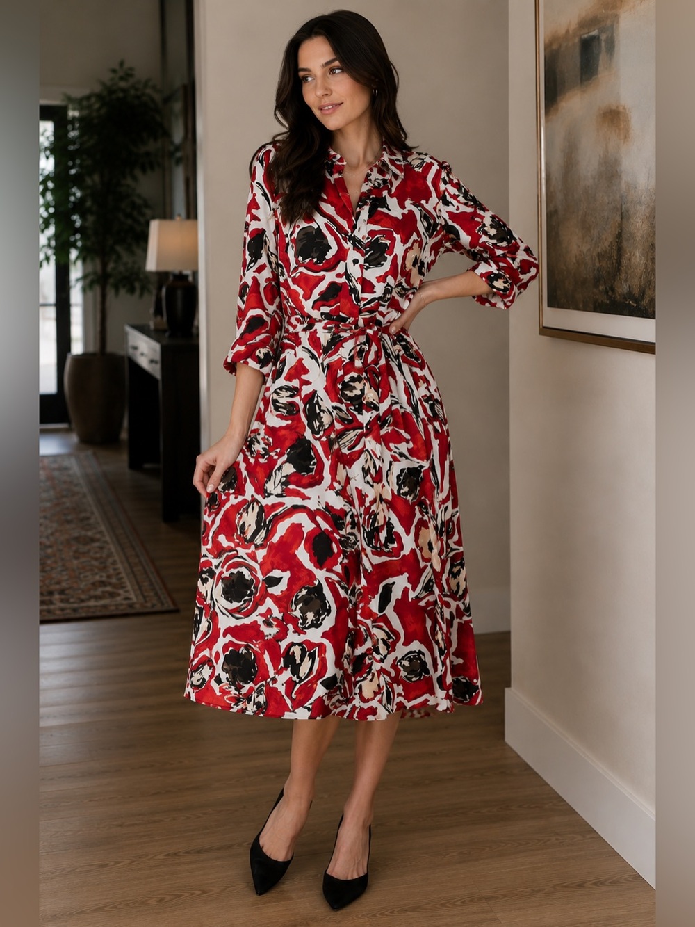 Nic+Zoe Women's Red Floral Print Long Sleeve Dress